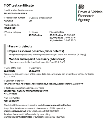 New MOT certificate example
